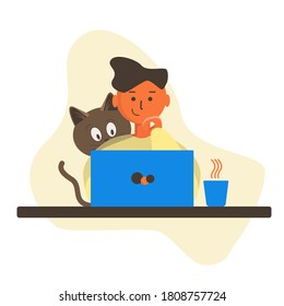 A man is sitting at a Desk working on a laptop. Cat sitting with a guy in front of a laptop