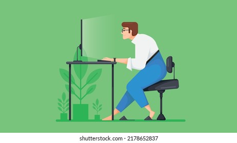 Mann sitzt an einem Schreibtisch und arbeitet am Computer, Seitenansicht. Arbeiten Sie von zu Hause Konzept. Vektorgrafik