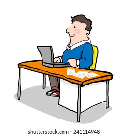 Man sitting at the desk and working on the laptop