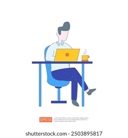Man sitting at desk working on laptop with a cup of coffee