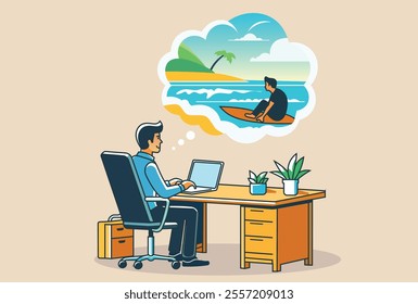 a man sitting at a desk, working on a laptop while daydreaming about kayaking on a tropical beach. Ideal for concepts like work-life balance, vacation dreams, motivation, and office life.