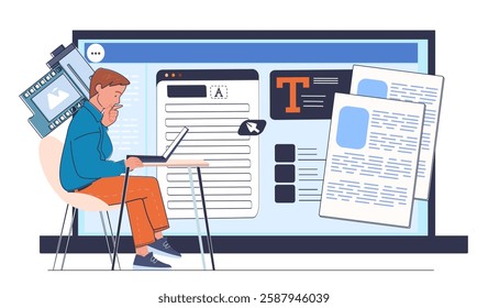 A man sitting at a desk working on a laptop, surrounded by digital content elements like text, images, and documents on a large screen. Concept of content creation. Vector illustration