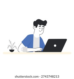 Man sitting at a desk and working on a laptop computer vector illustration.
