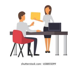 Man sitting at desk and working on laptop. The chief and secretary woman. Office manager holding documents. Business office vector illustration