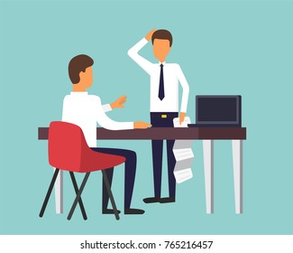 Hombre sentado en el escritorio y trabajando en la computadora portátil. El jefe y el empleado. Gerente de oficina con documentos. Ilustración vectorial de oficina de negocios