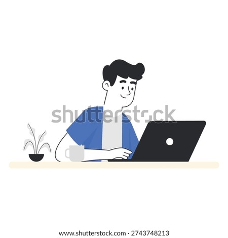 Man sitting at a desk and working on a laptop computer vector illustration.