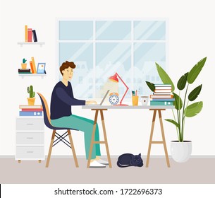 Man sitting at a desk and working or studying on the computer at home. Flat design vector illustration. Home office concept