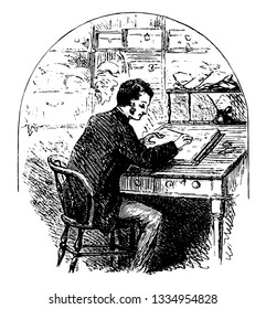 Man Sitting at Desk & Writing in Journal or person writing, sitting at roll top desk, writing in a journal, vintage line drawing or engraving illustration.