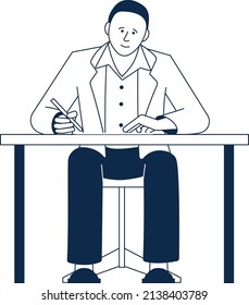 Man sitting at desk and writing. Person doing paperwork