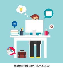 Man sitting at the desktop and working on the computer. Vector illustration for web, flat style 