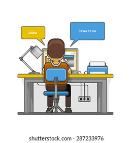 Man sitting at the desktop and working on the computer. Vector illustration