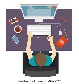 Man sitting at the desktop and working on the computer. Vector illustration for web, flat style. Web development 