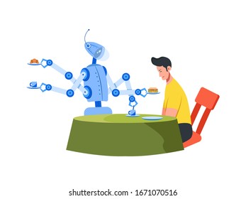 Man sitting at the dining table. Robot waiter carries a tray of food and drink. Front view. Color vector cartoon flat illustration. Concept - people relax, robots work
