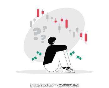 Man sitting dizzy from losing money when trading. Character design. Vector flat illustration