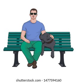 Man sitting with dog on bench on a white background. Dog breed Great Dane. Gray dog. Stock Vector Illustration.