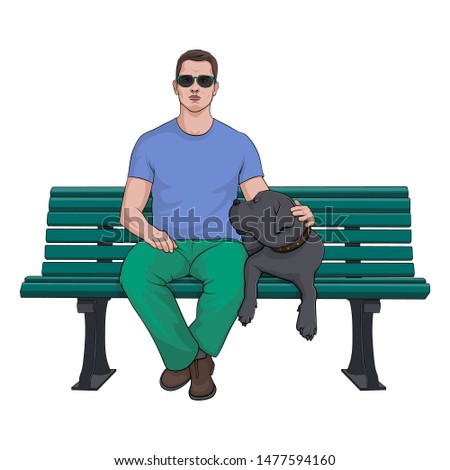 Man sitting with dog on bench on a white background. Dog breed Great Dane. Gray dog. Stock Vector Illustration.
