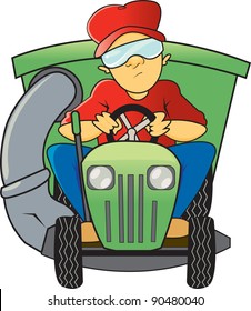 A Man Is Sitting Down On A Green Riding Lawn Mower With A Bag Attachment Wearing Safety Goggles Mowing The Lawn