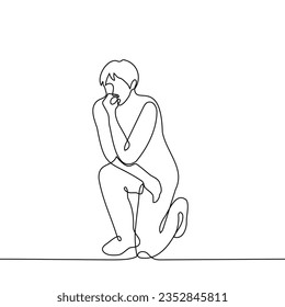 man sitting down on his knee thinking - one line art vector. concept thinking about something, brainstorming