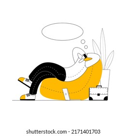 A man is sitting and dreaming in a bag chair. Vector character in a flat style on the theme of relaxation and awareness.