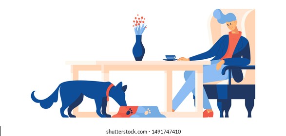 Man sitting drinking coffee, dog eating from bowl. Vector flat illustration with table and chair about love to the dogs, good for pet friendly cafe and hotels.