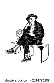 man sitting and drinking coffee in outdoor park lifestyle hand painted art illustration