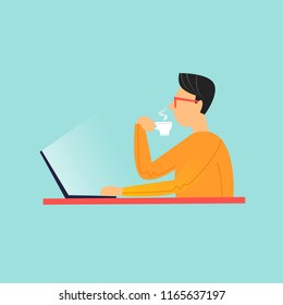 Man sitting drinking coffee and working on laptop. Flat design vector illustration.