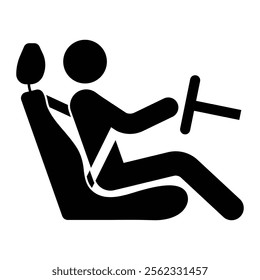 Man sitting in the driver's seat vector icon. Driver symbol for automotive design, vehicle operation, and transportation themes. Black silhouette isolated on white background.