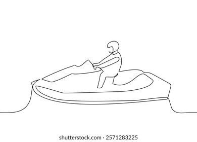 man sitting driving jet ski in helmet - one line art vector. concept lifeguard, active summer water recreation