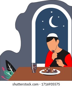 a man sitting & eating for sahoor. Sahoor vector background illustration.