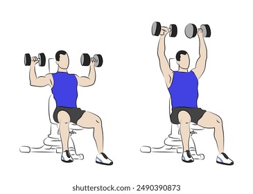 Man sitting exercise shoulder up and down press using dumbbells, wheights. Shoulder press, fitness, sports. Hand drawn ink strokes sketch style vector illustration isolated on white background.