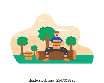 Hombre sentado exhausto después de recoger agua en un cubo de madera, sobreviviendo mientras se pierde en el bosque. Diseño de personajes. Ilustración plana de Vector