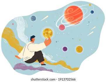 A man sitting in fantastic space flat vector with planets and stars cartoon cosmic scene. Male character holding planet with dream universe. Person flies in blue sky space. Abstract style people