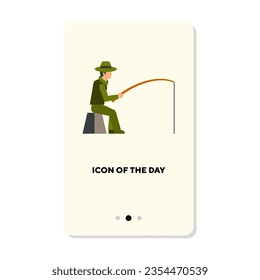 Man sitting with fishing rod flat vector icon. Cartoon drawing of angler fishing at water isolated vector illustration. Leisure, hobby, fisherman concept for web design and apps