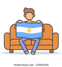 Man sitting with the flag Argentina on couch in room flat style. Vector character country on sofa line illustration.