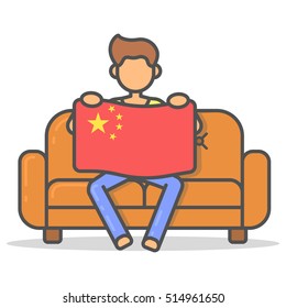 Man sitting with the flag China on couch in room flat style. Vector character country banner on sofa line illustration.