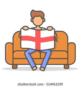 Man sitting with the flag England on couch in room flat style. Vector character country banner on sofa line illustration.