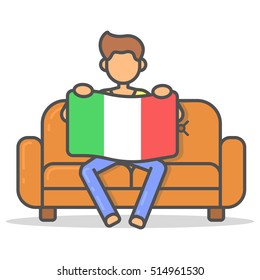 Man sitting with the flag Italy on couch in room flat style. Vector character country banner on sofa line illustration.