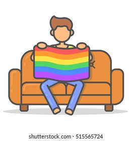 Man sitting with the flag LGBT on couch in room flat style. Vector character person banner on sofa line illustration.