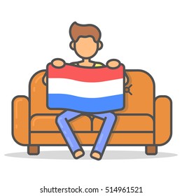 Man sitting with the flag Netherlands on couch in room flat style. Vector character country banner on sofa line illustration.
