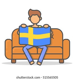 Man sitting with the flag Sweden on couch in room flat style. Vector character country on sofa line illustration.