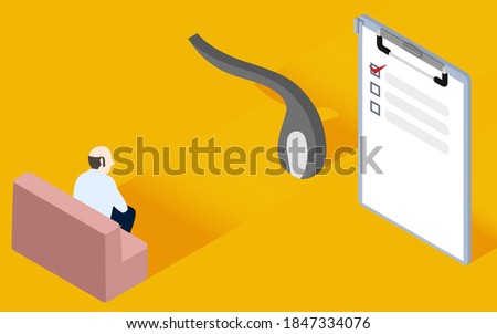 A man sitting in front of AGA checklist and hair objects isometric