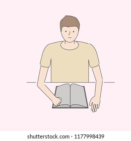 Man sitting in front of book. Study and work. Hand drawn style. Vector doodle design illustrations.