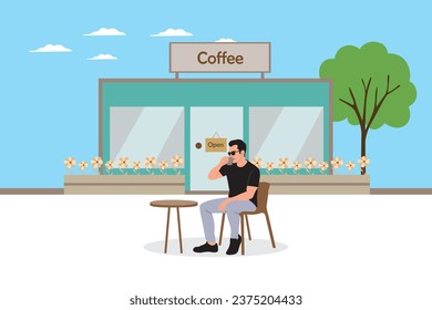 Man sitting in front of coffee shop. Vector illustration in flat style