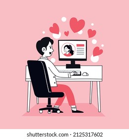 a man sitting in front of a computer desktop dating with a girl on the website