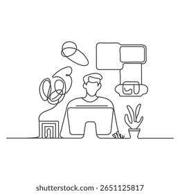 Homem sentado na frente do computador, hacker, trabalho remoto, programação de computador ícone vetor linha no fundo branco. Traço editável. Pixel perfeito. Para celular e Web. Gráficos vetoriais de estrutura de tópicos.