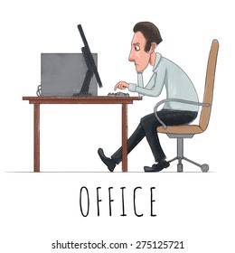 Man sitting in front of computer in office. Watercolor vector