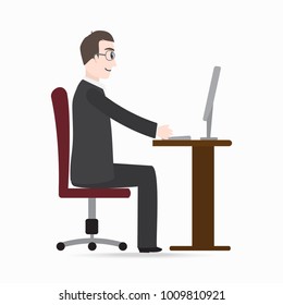 Man sitting front of computer on work table icon