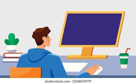 Man sitting in front of a computer screen with copy space for your message or product.