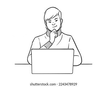 Man sitting in front of computer thinking about work, doodle style work doodle style illustration.