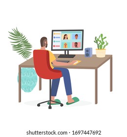 Man sitting in front of computer and working from home. Freelance work and convenient workplace vector concept. Man talking with friends via social media. Distance work, online study, education.